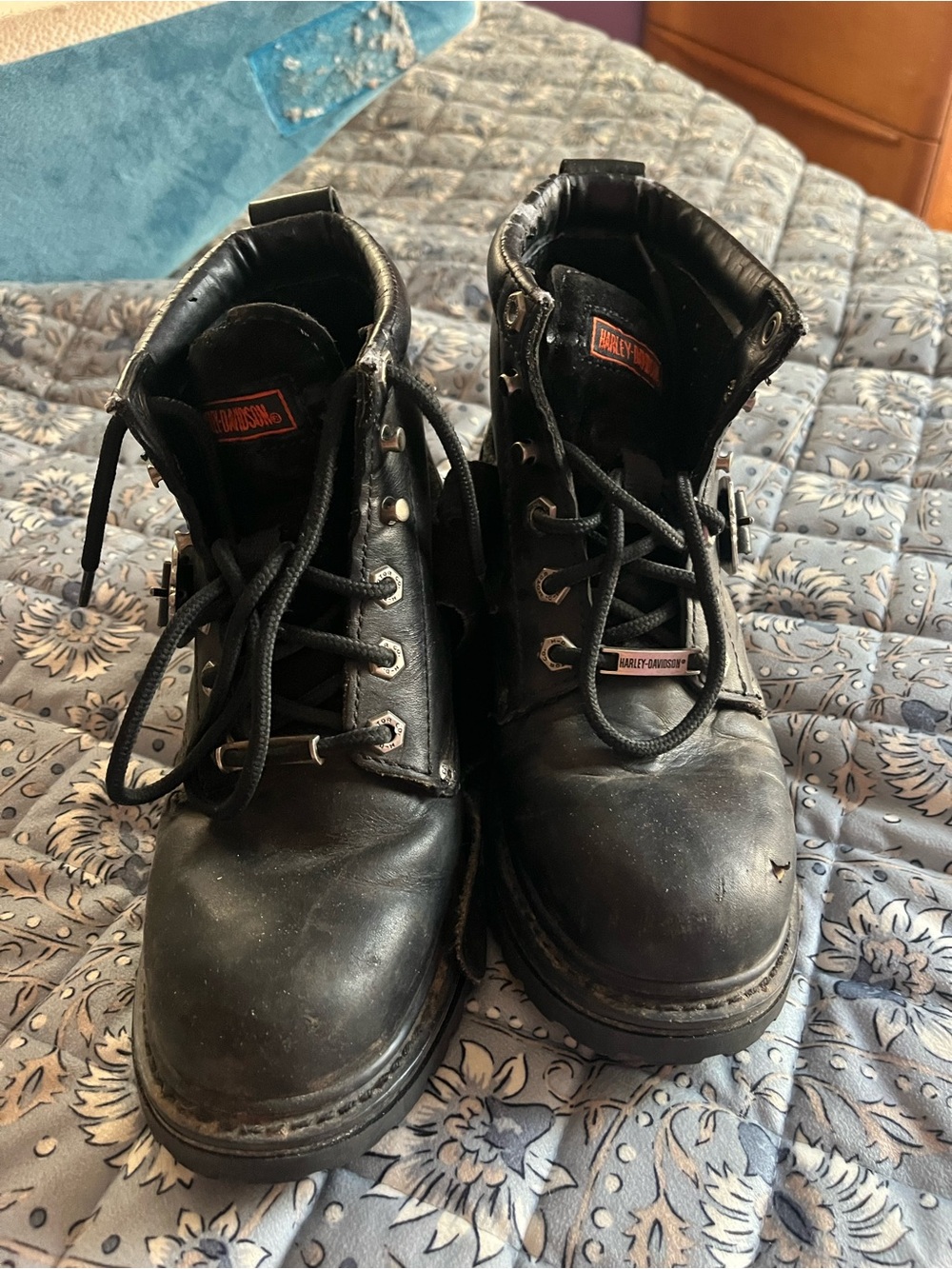 Harley-Davidson Black Leather Lace-Up Biker Boots with Metal Accents